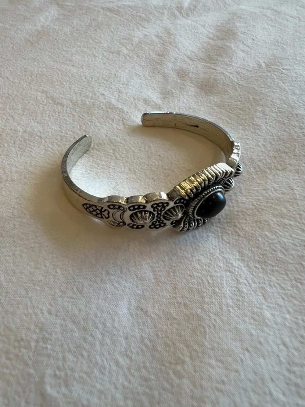 Black Stone Silver-Tone South Western Cuff Bracelet